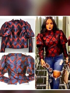 Geometric Long Sleeve Top in Blue & Red